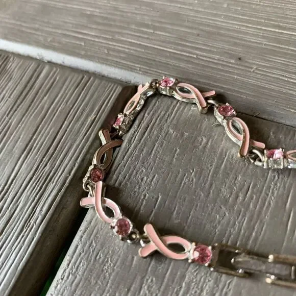 BREAST Cancer Ribbon Bracelet With Pink Stones - Picture 2 of 8
